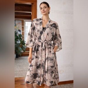 Dept Sheer Abstract Print Long Kimono – Neutral Duster – Size S